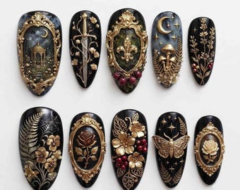 Gothic Gold Frame Press On Nails, Vintage Sword & Rose Locket Nails, Dark Baroque Butterfly Handmade Gothic Nail Set