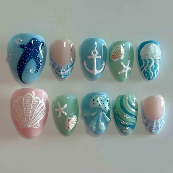 Handmade Ocean-Inspired Press On Nails | 3D Dolphin, Jellyfish, Shells & Anchor Details | Almond Nails for Coastal Vibes
