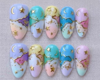 Handmade Pastel Celestial Press On Nails | 3D Moon, Star, Cloud & Butterfly Art | Almond Nails for Dreamy Vibe