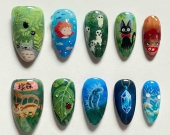 Handmade Fantasy Forest Press On Nails | Cute Spirit, Cat & Nature Art | Almond Nails for Whimsical Vibes