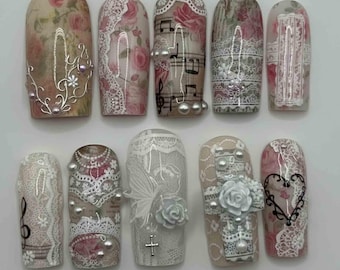 Handmade Vintage Lace Press On Nails | 3D Roses, Music Notes, Cross Accents | Long Square Nails for Elegant & Romantic Vibes