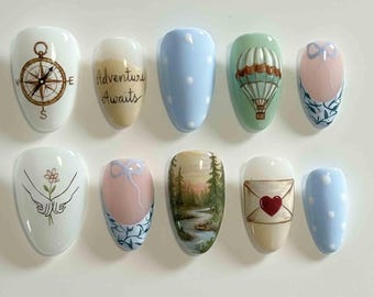 Handmade Travel Theme Press On Nails | Compass, Landscape & Balloon Art | Short Oval Nails for Soft Cozy Vibes