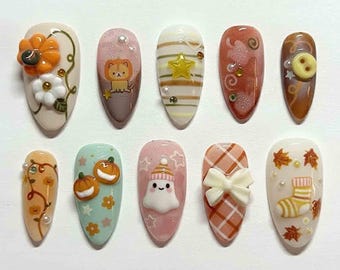 Handmade Autumn Cozy Press On Nails | Pumpkins, Ghost, Stars, Plaid, Bow & Leaf Accents | Almond Nails For Cute Vibes