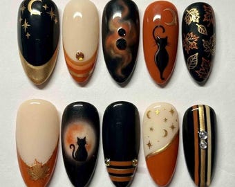 Handmade Autumn Cat Press On Nails | 3D Moon, Silhouette Cats & Rhinestones | Almond Nails for Mystic Fall Vibe