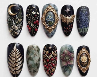 Gothic Gold Moth Press On Nails, Red Berry & Blue Floral Locket Nails, Dark Botanical Baroque Handmade Nail Set