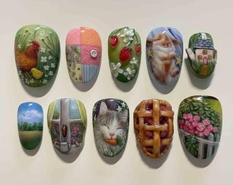 Handmade Cottagecore Press On Nails | Chickens, Bunnies, Cats, Strawberries, Flowers & Pie | Short Round Nails For Cozy Vibes