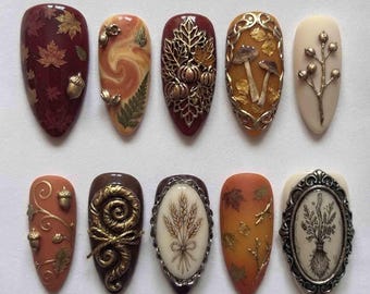 Handmade 3D Autumn Press On Nails | Maroon, Orange, Cream | Maple Leaf, Acorn, Mushroom, Wheat & Cameo Art | Almond Nails for Witchy Vibe