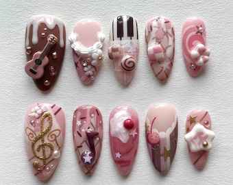 Handmade Sweet Music Press On Nails | Guitar, Piano Keys, Candy Swirls & 3D Notes | Almond Nails For Playful Cozy Vibes