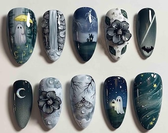 Handmade Halloween Press On Nails | 3D Ghosts, Black Flowers, Bats & Haunted Night Sky Art | Almond Nails For Spooky Vibe