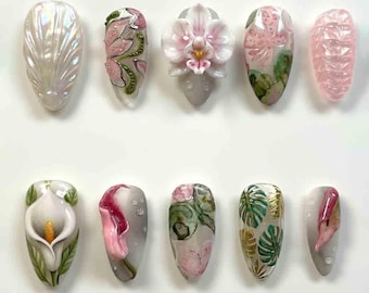 Handmade Floral Press On Nails | 3D Orchid, Calla Lily & Tropical Leaves Accents | Almond Nails for Elegant Vibes