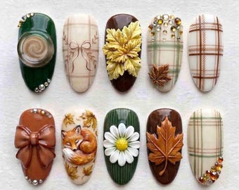 Handmade Fall Press On Nails | 3D Fox, Maple Leaves, Plaid, Daisy, Bow & Rhinestones | Almond Nails for Cozy Autumn Vibe