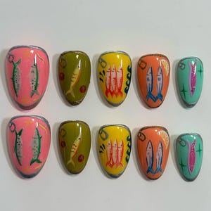 Hand-Painted Sardine Chic Press-On Nails | Quirky Coastal Fish Nail Art with Playful Nautical Vibes | Unique Summer Beach Manicure