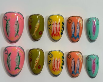 Hand-Painted Sardine Chic Press-On Nails | Quirky Coastal Fish Nail Art with Playful Nautical Vibes | Unique Summer Beach Manicure