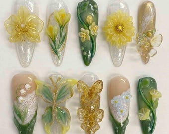 Handmade Yellow Garden Press On Nails | 3D Sculpted Flower, Butterfly, Lace & Gold Leaf Design | Long Stiletto Nails for Enchanted Aesthetic