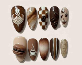 Handmade Coffee Latte Press On Nails | 3D Macaron, Coffee Beans & Latte Art Designs | Almond Nails for Cozy Café Aesthetic