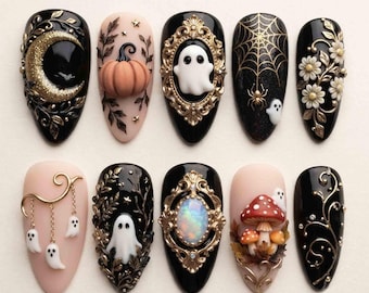 Baroque Gold Frame Press On Nails, 3D Ghost & Opal Gem Nails, Black Gold Gothic Handmade Halloween Nail Set