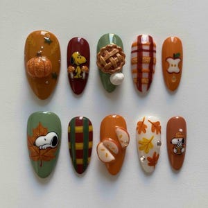 Handmade Autumn Harvest Press On Nails | Pumpkins, Apple Slices, Pie, Plaid & Falling Leaves | Almond Nails For Cozy Vibes