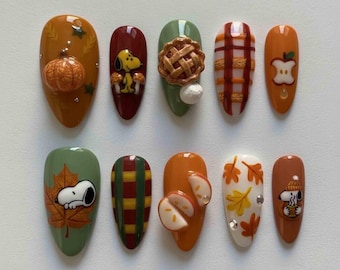 Handmade Autumn Harvest Press On Nails | Pumpkins, Apple Slices, Pie, Plaid & Falling Leaves | Almond Nails For Cozy Vibes