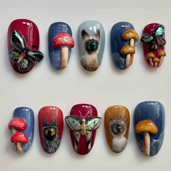 Handmade Mystic Forest Press On Nails | 3D Mushrooms, Moths, Cat Eyes, Fantasy Insect Art In Bold Colors | Round Nails For Cottagecore Vibe