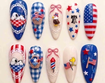 Handmade Patriotic Snoopy 4th of July Press On Nails | 3D Snoopy, Woodstock, Eagle, Picnic Basket & Flags | Almond Nails for Festive Vibe