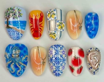 Handmade Mediterranean Summer Press On Nails | Lobster, Octopus, Tile & Coastal Fruit Design | Short Oval Nails for Beach Vacation Aesthetic