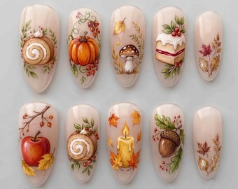 Handmade Autumn Bakery Press On Nails - Pumpkin, Pastries & Maple Leaves - Almond Nails for Cozy Fall Vibes - Seasonal Harvest Nail Art