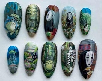 Unghie finte fatte a mano con motivi anime foresta / Arte 3D di spiriti, alberi, Senza Volto e gatti / Unghie a mandorla per un'estetica anime