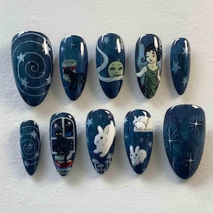 Uñas postizas Celestial Night hechas a mano / Arte de gato negro, cara de luna, diosa y conejo con estrellas / Uñas almendradas para un toque místico
