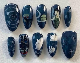 Handmade Celestial Night Press On Nails | Black Cat, Moon Face, Goddess & Bunny Art With Stars | Almond Nails For Mystical Vibe