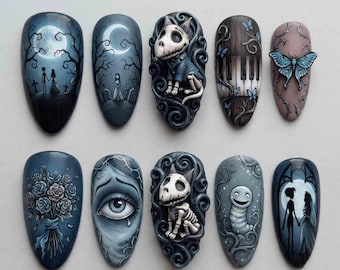 Gothic Moonlight Press On Nails, Skeleton Dog & Blue Butterfly Nails, Dark Romantic Fantasy Handmade Halloween Nail Set
