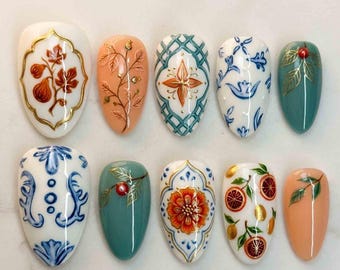 Handmade Mediterranean Mosaic Press On Nails | Oranges, Blue Tile, Vines & Gold Leaf | Almond Nails for Vacation Vibe