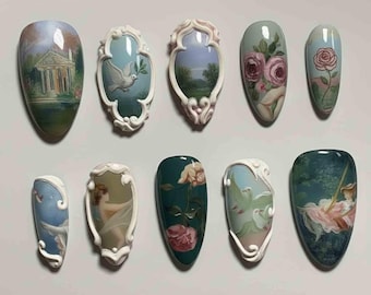 Handmade Floral Landscape Press On Nails | 3D Rose, Dove, Angel Designs | Almond Nails with Classic Painting Style for Elegant Aesthetic.