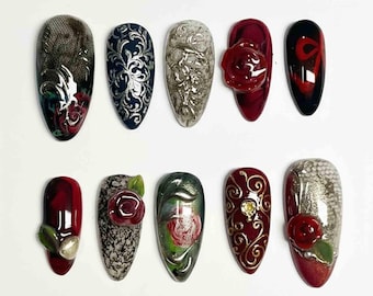 Handmade Gothic Rose Press On Nails | Dark Red, Black & Baroque Gold Art | Almond Nails for Romantic Dark Aesthetic