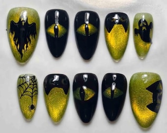 Handgemachte Halloween-Press-On-Nägel | Schwarz & Neongrün | Geist, Katzenauge, Spinnennetz, Spinne und Drip Art | Mandelform für gruselige Stimmung