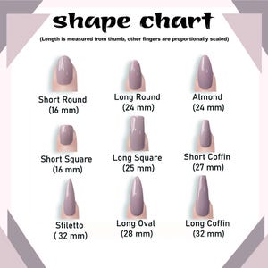 May include: A nail shape chart displays nine different nail shapes, including Short Round (16 mm), Long Round (24 mm), Almond (24 mm), Short Square (16 mm), Long Square (25 mm), Short Coffin (27 mm), Stiletto (32 mm), Long Oval (28 mm), and Long Coffin (32 mm).