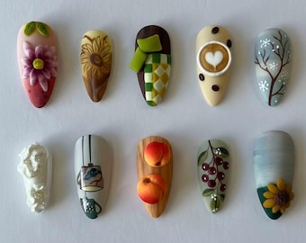 Uñas postizas otoñales hechas a mano / Girasol 3D, melocotón, taza de café, cereza y naturaleza acogedora / Uñas almendradas para un aire otoñal
