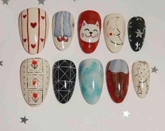 Handmade Valentine’s Press On Nails | 3D Girl’s Shoes, Hearts, Characters Designs | Almond Nails for Sweet Romance Vibes