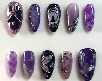 Handmade Mystic Purple Press On Nails | Moon Cat, Stars, Butterfly Wings & Shimmer Art | Medium Almond Nails For Enchanted Vibes