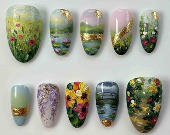 Handmade Monet Garden Press On Nails | 3D Flowers, Golden Accents & Impressionist Landscape Art | Almond Nails For Artistic Vibe
