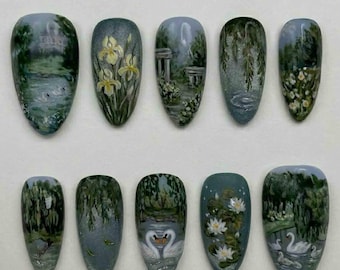Handmade Artistic Press On Nails | Hand-Painted Swan Lake, Water Lily & Garden Landscape Art | Almond Nails for Romantic Painterly Vibe