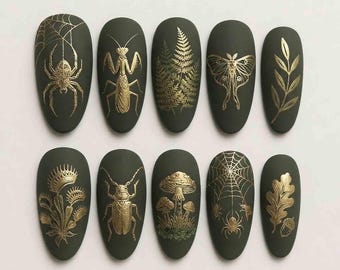 Handmade Gothic Botanical Press On Nails | 3D Spider, Bug, Mushroom & Leaf Art | Almond Nails for Dark Vibe