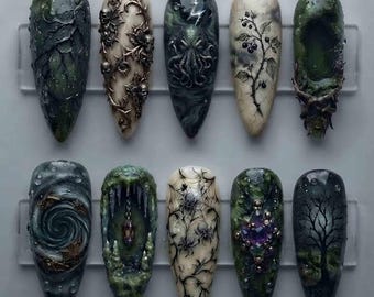 Dark Swamp Press On Nails, Cthulhu & Spooky Forest Web Nails, Emerald Gem Gothic Handmade Halloween Nail Set