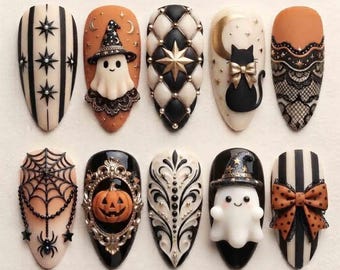 Handmade Halloween Press On Nails - Witch Ghosts, Black Cat & Pumpkin - Almond Nails for Spooky Fall Vibes - Fall Harvest Nail Art - Rustic