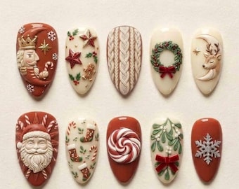Nussknacker-Nagelset zum Aufkleben, Weihnachtsmann- und Zuckerstangen-Nagelset, festliches Rentierkranz-Nagelset (handgefertigt)