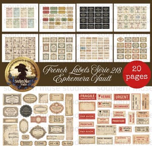 May include: A collection of vintage-style French labels and ephemera, featuring various shapes and sizes. The labels include text such as "Fragile," "Par Avion," and "Eau de Cologne." The image also includes a logo with a silhouette of a woman and the text "Southern Muse Studios."
