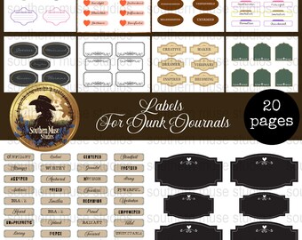 Etiquetas digitales para diario basura, etiquetas imprimibles, hojas de etiquetas de descarga instantánea, 20 páginas PDF, etiquetas estilo vintage, pegatinas para planificador, digikit