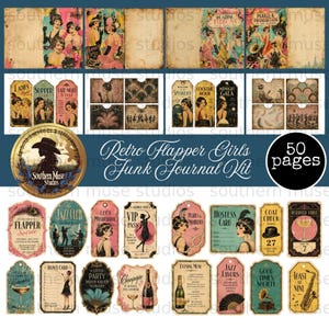 May include: A collection of vintage-style ephemera with a retro flapper theme. Includes journal pages, tags, and labels with illustrations of women, cocktails, and jazz club scenes. The kit contains 50 pages.