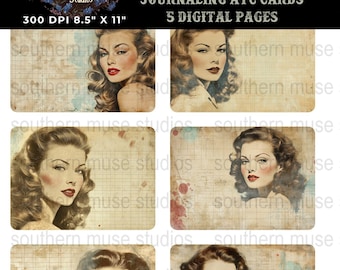 Dagboekkaarten, digitale ATC-kaarten, retro vrouwenportret, afdrukbare collagevellen, Art Journal Supply