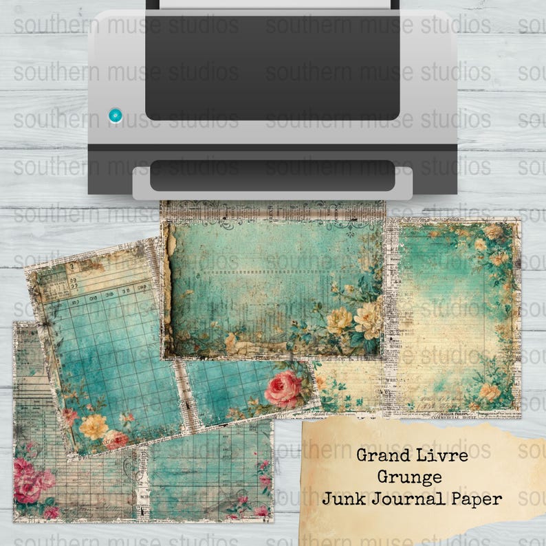 Vintage Floral Grunge Junk Journal Paper, Aged Appearance with Flowers, Crafting Supplies for Scrapbooking and Art Projects