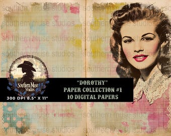 Dorothy Digital Paper Pack, Retro Woman Design, Junk Journal Pages, Scrapbook Paper, Vintage Paper, Digital Download, Printable Paper